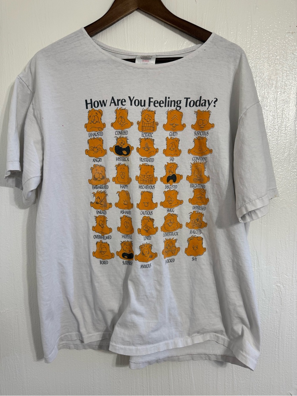 Vintage 90s Oneita How Are You Feeling Today Emotion Chart T-Shirt White XL
